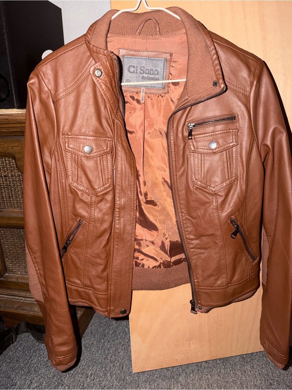 Ci Sono Brown Faux Leather Bomber Jacket